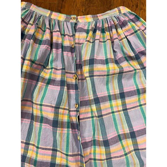 Vintage 80s Pastel Button Front Plaid Cotton Pleated Midi Skirt Size 8/10 Med. - Picture 3 of 6